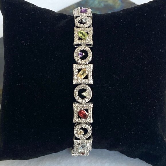 Ross-Simons Sterling Silver 925 Multi Gemstone Geometric Link Tennis Bracelet - Picture 11 of 16